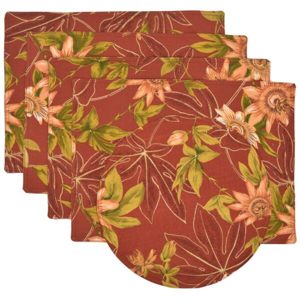 Sweet Pea Linens - Rust Tropical Outdoor Fabric Rectangle Placemats - Set of Four plus Center Round-Charger (SKU#: RS5-1002-A10) - Main Product Image