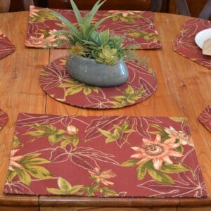 Sweet Pea Linens - Rust Tropical Outdoor Fabric Rectangle Placemats - Set of Four plus Center Round-Charger (SKU#: RS5-1002-A10) - Table Setting