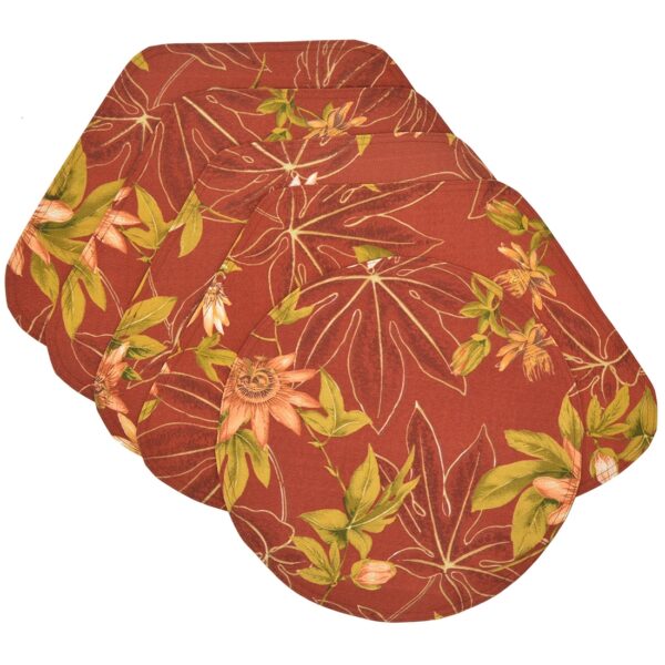 Sweet Pea Linens - Rust Tropical Outdoor Fabric Wedge-Shaped Placemats - Set of Four plus Center Round-Charger (SKU#: RS5-1006-A10) - Main Product Image