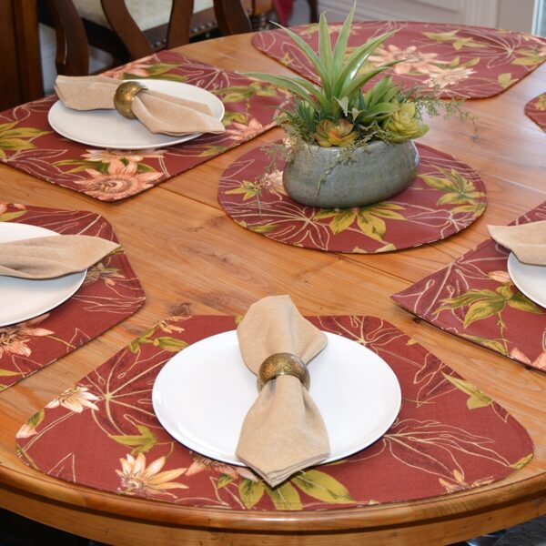 Sweet Pea Linens - Rust Tropical Outdoor Fabric Wedge-Shaped Placemats - Set of Four plus Center Round-Charger (SKU#: RS5-1006-A10) - Alternate Table Setting
