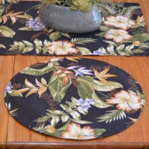 Sweet Pea Linens - Black Tropical Outdoor Fabric Charger-Center Round Placemat (SKU#: R-1015-A11) - Table Setting