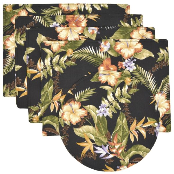 Sweet Pea Linens - Black Tropical Outdoor Fabric Rectangle Placemats - Set of Four plus Center Round-Charger (SKU#: RS5-1002-A11) - Main Product Image
