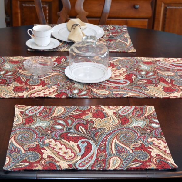 Sweet Pea Linens - Garnet Paisley Matelasse Rectangle Placemats - Set of Four plus Center Round-Charger (SKU#: RS5-1002-A12) - Table Setting