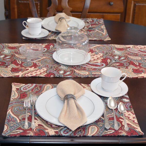 Sweet Pea Linens - Garnet Paisley Matelasse Rectangle Placemats - Set of Four plus Center Round-Charger (SKU#: RS5-1002-A12) - Alternate Table Setting