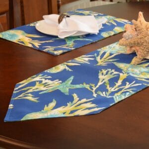 Sweet Pea Linens - Blue Seashell & Tropical Leaf Outdoor Fabric 54 inch Table Runner (SKU#: R-1020-A13) - Table Setting