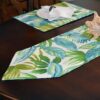 Sweet Pea Linens - Blue Seashell & Tropical Leaf Outdoor Fabric 54 inch Table Runner (SKU#: R-1020-A13) - Alternate Table Setting