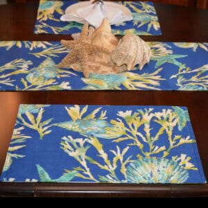 Sweet Pea Linens - Blue Seashell & Tropical Leaf Outdoor Fabric Rectangle Placemats - Set of Two (SKU#: RS2-1002-A13) - Table Setting
