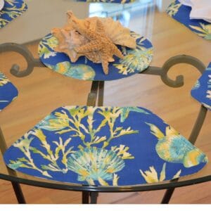 Sweet Pea Linens - Blue Seashell & Tropical Leaf Outdoor Fabric Wedge-Shaped Placemats - Set of Two (SKU#: RS2-1006-A13) - Table Setting