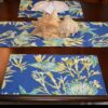 Sweet Pea Linens - Blue Seashell & Tropical Leaf Outdoor Fabric Rectangle Placemats - Set of Four plus Center Round-Charger (SKU#: RS5-1002-A13) - Table Setting