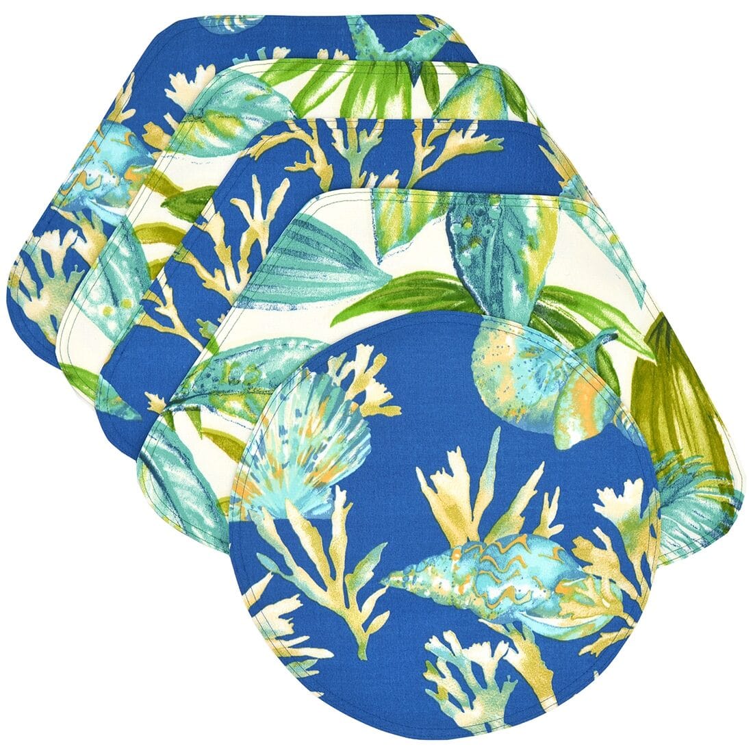 Blue Seashell & Tropical Leaf Outdoor Fabric Wedge-Shaped Placemats ...