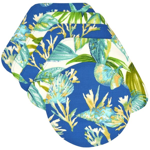 Sweet Pea Linens - Blue Seashell & Tropical Leaf Outdoor Fabric Wedge-Shaped Placemats - Set of Four plus Center Round-Charger (SKU#: RS5-1006-A13) - Main Product Image