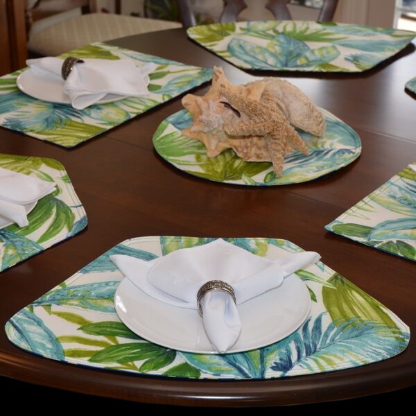 Sweet Pea Linens - Blue Seashell & Tropical Leaf Outdoor Fabric Wedge-Shaped Placemats - Set of Four plus Center Round-Charger (SKU#: RS5-1006-A13) - Alternate Table Setting