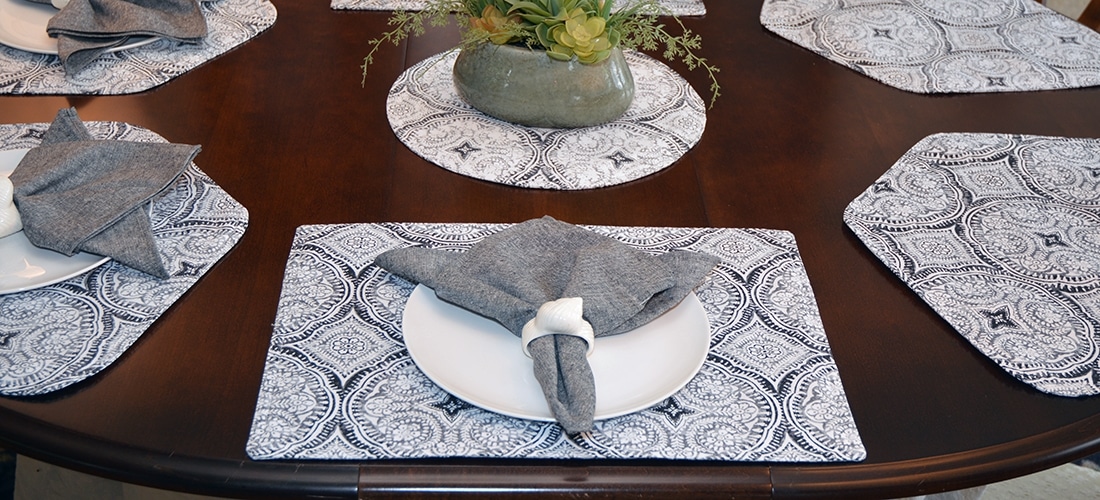 Sweet Pea Linens - Grey Medallion Outdoor Fabric Table Linen Collection (A14) - Table Setting