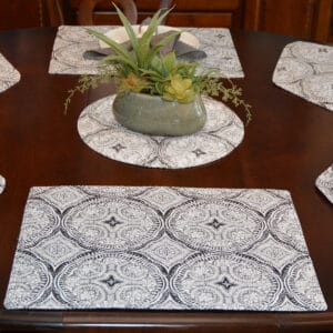 Sweet Pea Linens - Grey Medallion Outdoor Fabric Rectangle Placemats - Set of Two (SKU#: RS2-1002-A14) - Table Setting