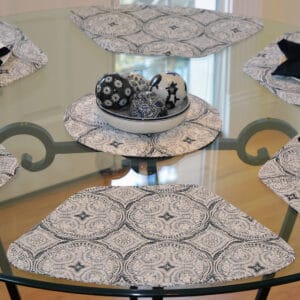 Sweet Pea Linens - Grey Medallion Outdoor Fabric Wedge-Shaped Placemats - Set of Two (SKU#: RS2-1006-A14) - Table Setting