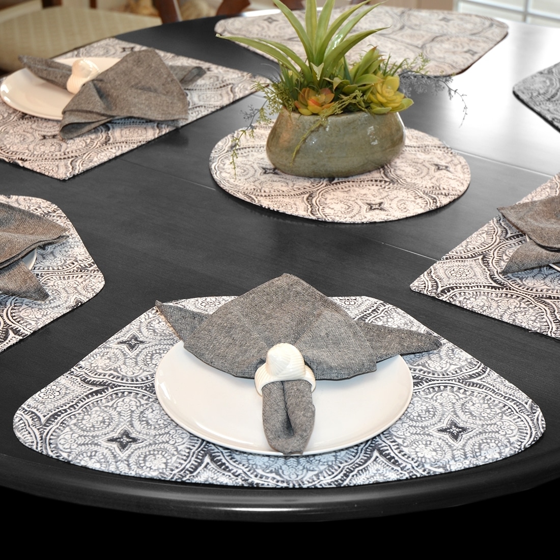 Sweet Pea Linens - Grey Medallion Outdoor Fabric Wedge-Shaped Placemats - Set of Two (SKU#: RS2-1006-A14) - Alternate Table Setting