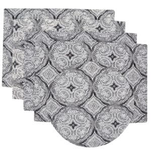 Sweet Pea Linens - Grey Medallion Outdoor Fabric Rectangle Placemats - Set of Four plus Center Round-Charger (SKU#: RS5-1002-A14) - Main Product Image