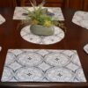 Sweet Pea Linens - Grey Medallion Outdoor Fabric Rectangle Placemats - Set of Four plus Center Round-Charger (SKU#: RS5-1002-A14) - Table Setting