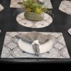 Sweet Pea Linens - Grey Medallion Outdoor Fabric Rectangle Placemats - Set of Four plus Center Round-Charger (SKU#: RS5-1002-A14) - Alternate Table Setting