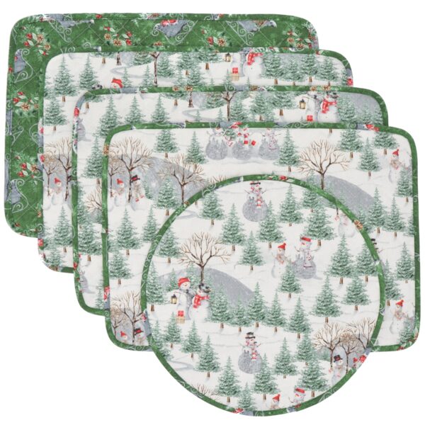 Sweet Pea Linens - Quilted Snowman and Christmas Sleighs Rectangle Placemats - Set of Four plus Center Round-Charger (SKU#: RS5-1001-A16) - Main Product Image