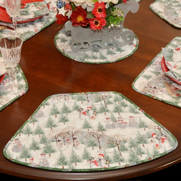 Sweet Pea Linens - Quilted Snowman and Christmas Sleighs Wedge-Shaped Placemats - Set of Four plus Center Round-Charger (SKU#: RS5-1006-A16) - Table Setting