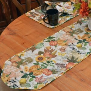 Sweet Pea Linens - Quilted Bright Fall, Harvest, Sunflower and Pumpkin 60 inch Table Runner (SKU#: R-1021-A17) - Table Setting