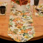 Sweet Pea Linens - Quilted Bright Fall, Harvest, Sunflower and Pumpkin 60 inch Table Runner (SKU#: R-1021-A17) - Alternate Table Setting