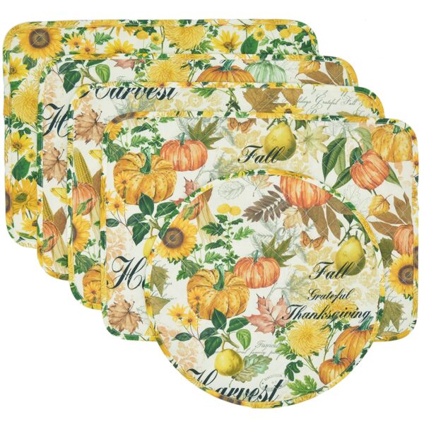Sweet Pea Linens - Quilted Bright Fall, Harvest, Sunflower and Pumpkin Rectangle Placemats - Set of Four plus Center Round-Charger (SKU#: RS5-1001-A17) - Main Product Image