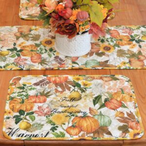 Sweet Pea Linens - Quilted Bright Fall, Harvest, Sunflower and Pumpkin Rectangle Placemats - Set of Four plus Center Round-Charger (SKU#: RS5-1001-A17) - Alternate Table Setting