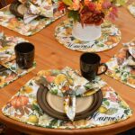 Sweet Pea Linens - Quilted Bright Fall, Harvest, Sunflower and Pumpkin Wedge-Shaped Placemats - Set of Four plus Center Round-Charger (SKU#: RS5-1006-A17) - Table Setting