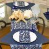 Sweet Pea Linens - Blue & Green Seahorse and Seashell Print Cloth Napkin (SKU#: R-1010-A9) - Alternate Table Setting