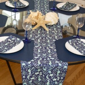 Sweet Pea Linens - Blue & Green Seahorse and Seashell Print 72 inch Table Runner (SKU#: R-1024-A9) - Table Setting