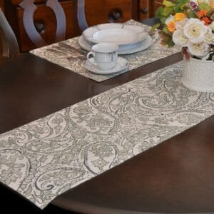 Sweet Pea Linens - Pewter Grey Paisley 60 inch Table Runner (SKU#: R-1021-C6) - Table Setting