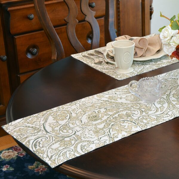 Sweet Pea Linens - Flaxen Yellow Paisley 60 inch Table Runner (SKU#: R-1021-C7) - Table Setting