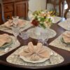Sweet Pea Linens - Flaxen Yellow Paisley Wedge-Shaped Placemats - Set of Four plus Center Round-Charger (SKU#: RS5-1006-C7) - Alternate Table Setting