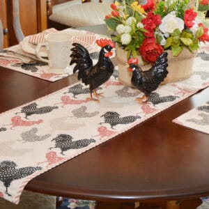 Sweet Pea Linens - Rifton Red Rooster 60 inch Table Runner (SKU#: R-1021-C8) - Table Setting