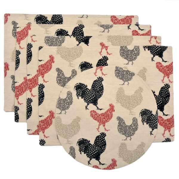 Sweet Pea Linens - Rifton Red Rooster Rectangle Placemats - Set of Four plus Center Round-Charger (SKU#: RS5-1002-C8) - Main Product Image
