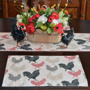 Sweet Pea Linens - Rifton Red Rooster Rectangle Placemats - Set of Four plus Center Round-Charger (SKU#: RS5-1002-C8) - Table Setting