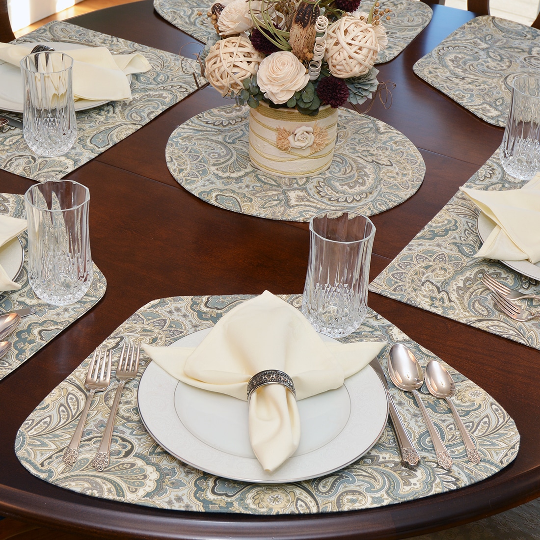 Polar Blue, Grey and Tan Paisley Table Linen Collection