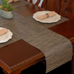 Sweet Pea Linens - Driftwood (Black & Tan) Wipe Clean 72 inch Table Runner (SKU#: R-1024-F14) - Table Setting