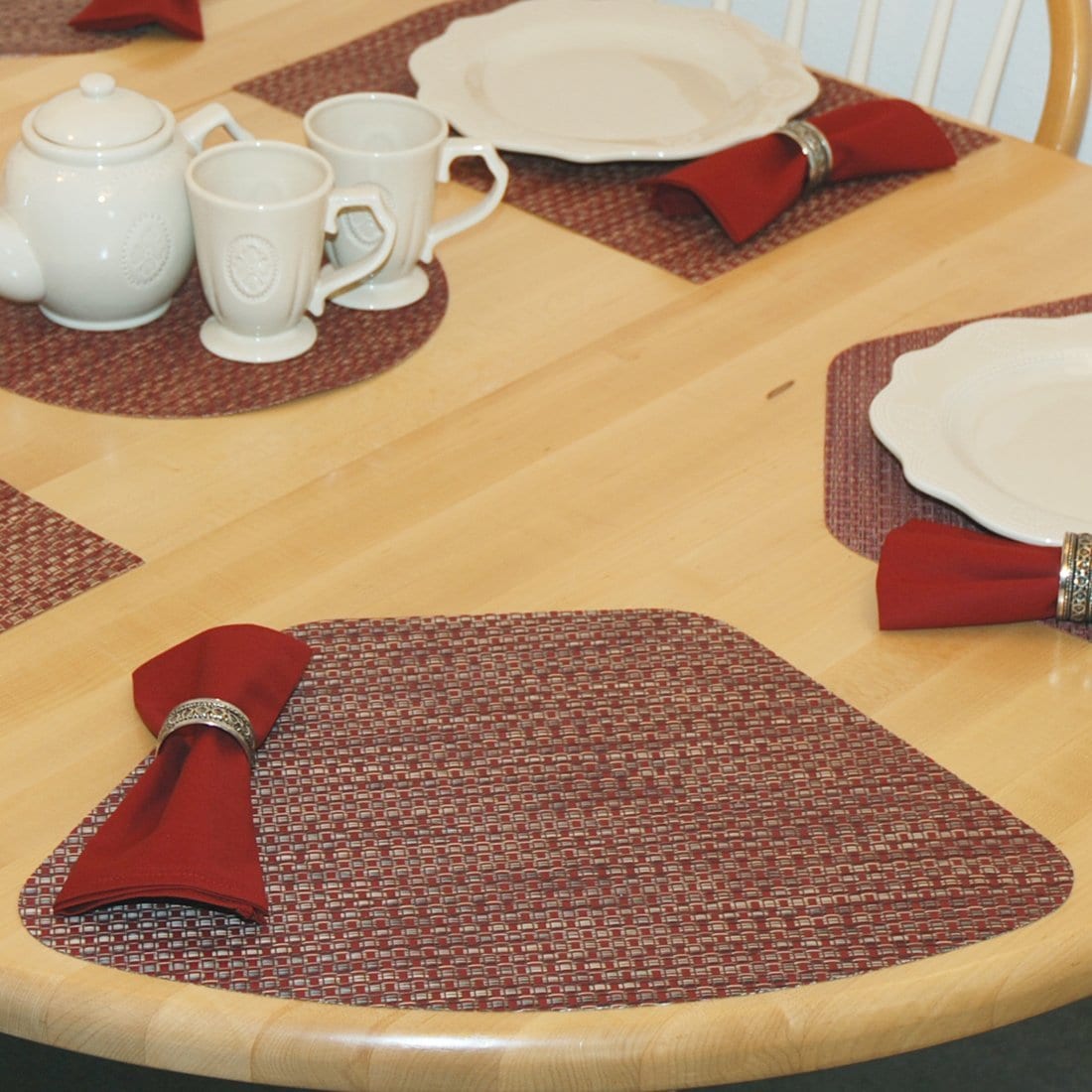 Sweet Pea Linens - Redwood (Brick & Tan) Wipe Clean Wedge-Shaped Placemats - Set of Two (SKU#: RS2-1006-F15) - Table Setting