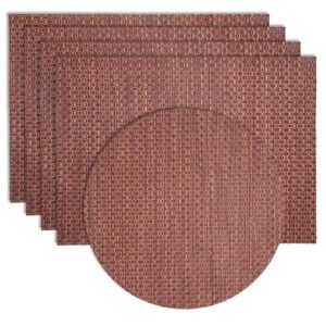 Sweet Pea Linens - Redwood (Brick & Tan) Wipe Clean Rectangle Placemats - Set of Four plus Center Round-Charger (SKU#: RS5-1002-F15) - Main Product Image