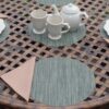 Sweet Pea Linens - Green/Tan Wipe Clean Charger-Center Round Placemat (SKU#: R-1015-F16) - Table Setting