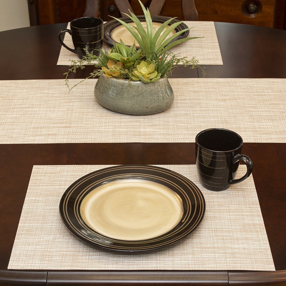 Sweet Pea Linens - Cream/Tan Wipe Clean Rectangle Placemats - Set of Two (SKU#: RS2-1002-F17) - Table Setting