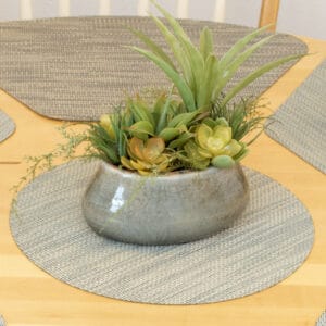 Sweet Pea Linens - Seafoam Green/Tan Wipe Clean Charger-Center Round Placemat (SKU#: R-1015-F19) - Alternate Table Setting