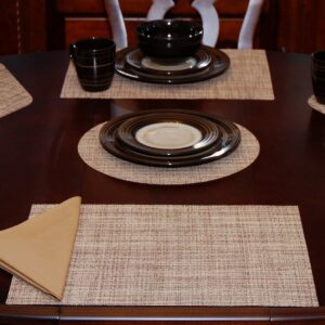 Sweet Pea Linens - Brown/Tan Wipe Clean Rectangle Placemats - Set of Four plus Center Round-Charger (SKU#: RS5-1002-F20) - Table Setting