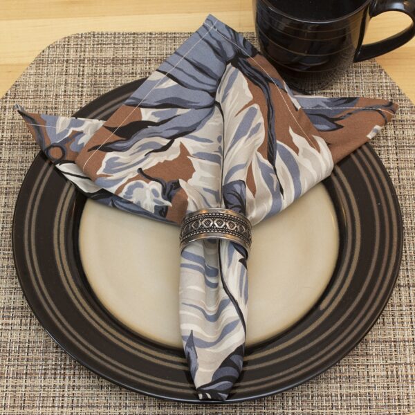 Sweet Pea Linens - Brown, Black & Cream Tropical Leaf Rolled Hem Cloth Napkin (SKU#: R-1010-F23) - Table Setting