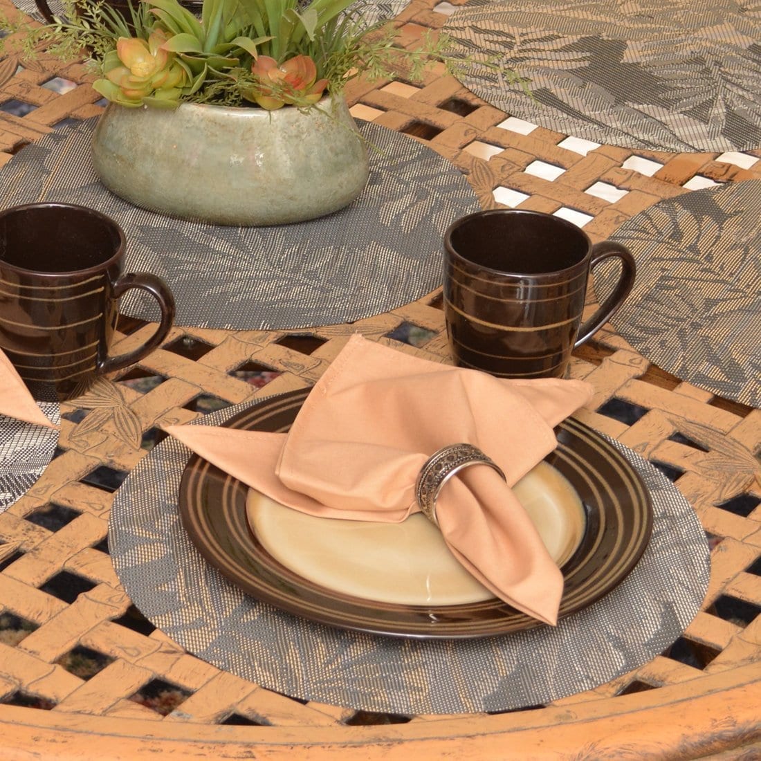 Sweet Pea Linens - Mocha Brown Leaf Wipe Clean Charger-Center Round Placemat (SKU#: R-1015-F27) - Table Setting