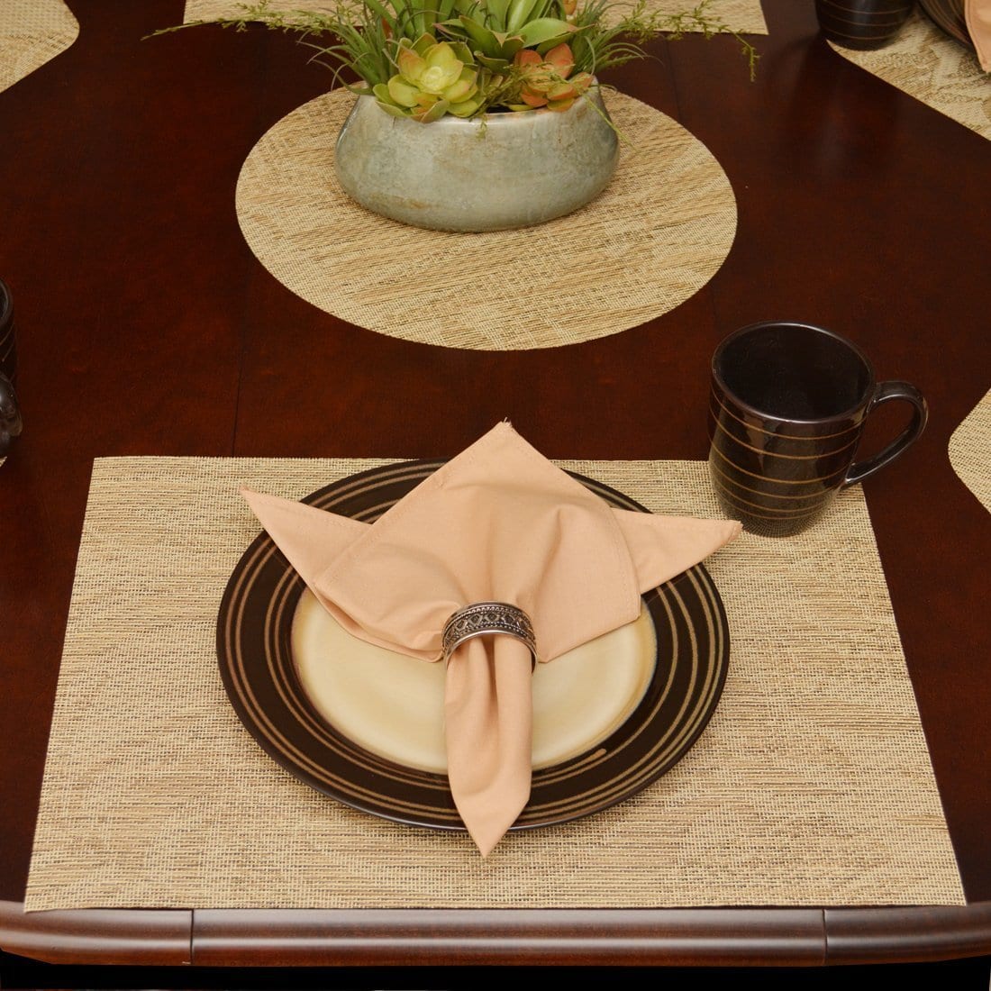Sweet Pea Linens - Tan Tonal Leaf Wipe Clean Rectangle Placemats - Set of Two (SKU#: RS2-1002-F28) - Table Setting