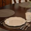 Sweet Pea Linens - Dark Brown & Blue Wipe Clean Charger-Center Round Placemats - Set of Two (SKU#: RS2-1015-F31) - Table Setting